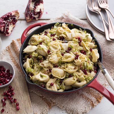 Tortelloni with Pancetta, Shaved Brussels Sprouts and Pomegranate