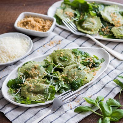 Asparagus Ravioli with Spinach, Herbs and Garlic Breadcrumbs