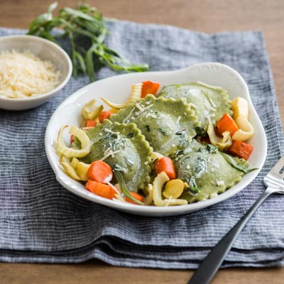 Spinach & Artichoke Ravioli with Roasted Vegetables and Tarragon Cream Sauce