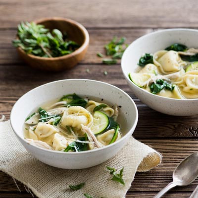 Tortelloni Soup with Roasted Chicken, Zucchini and Spinach