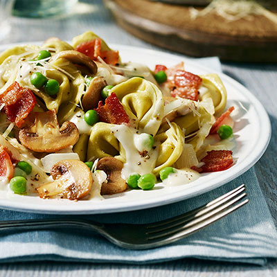 Tortellini Alfredo with Peas and Bacon
