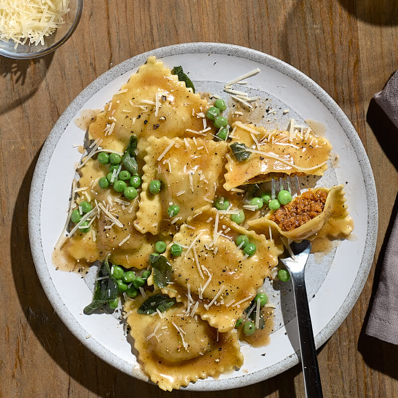 Ravioli with Brown Butter, Sage & Peas featuring Impossible™ Beef Made From Plants