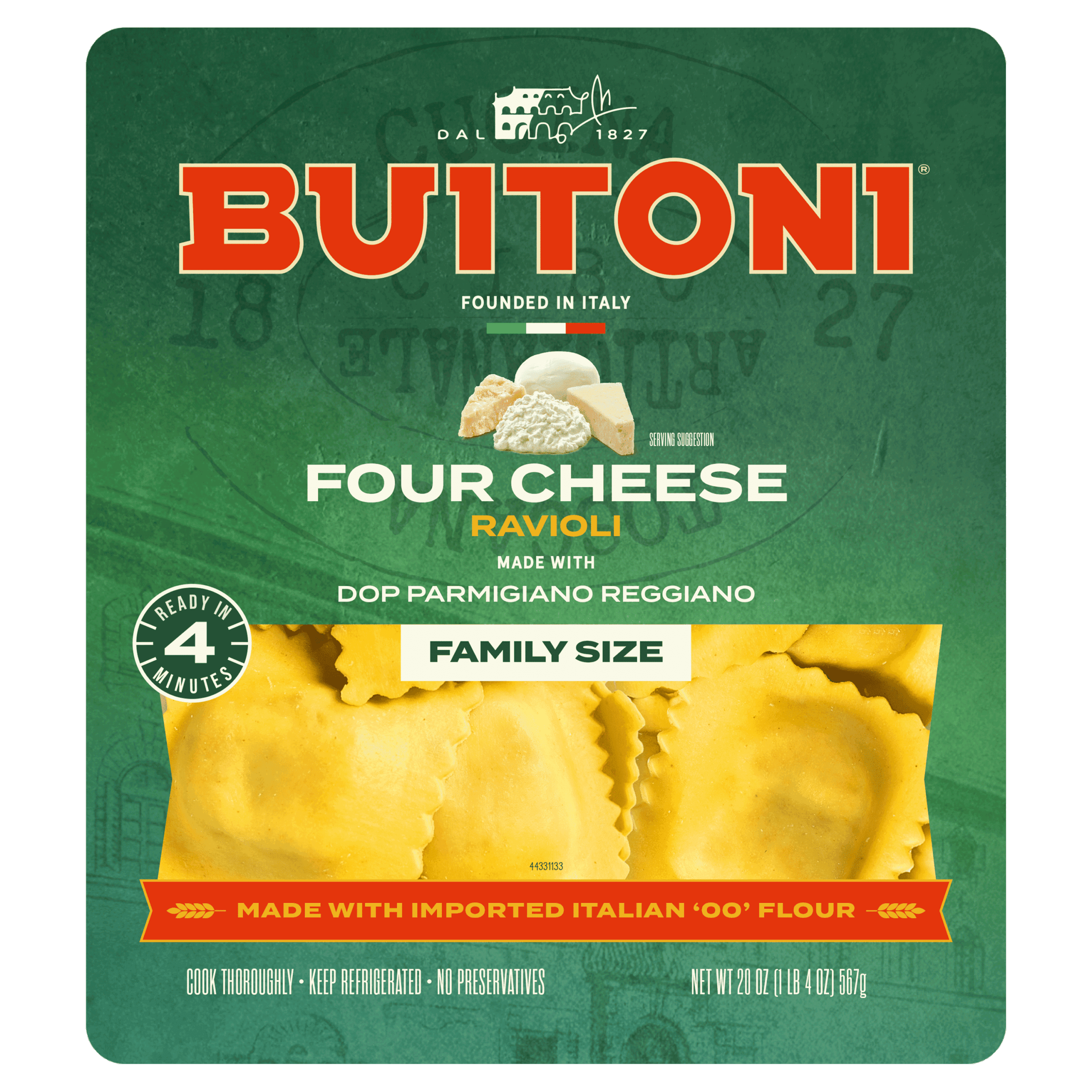 Four Cheese Ravioli - 20 oz. Family Size Packaging.