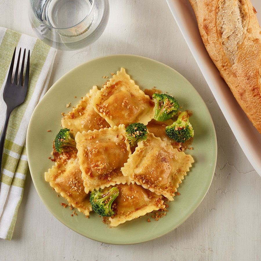 Chicken Parmesan Ravioli with Brown Butter & Broccoli