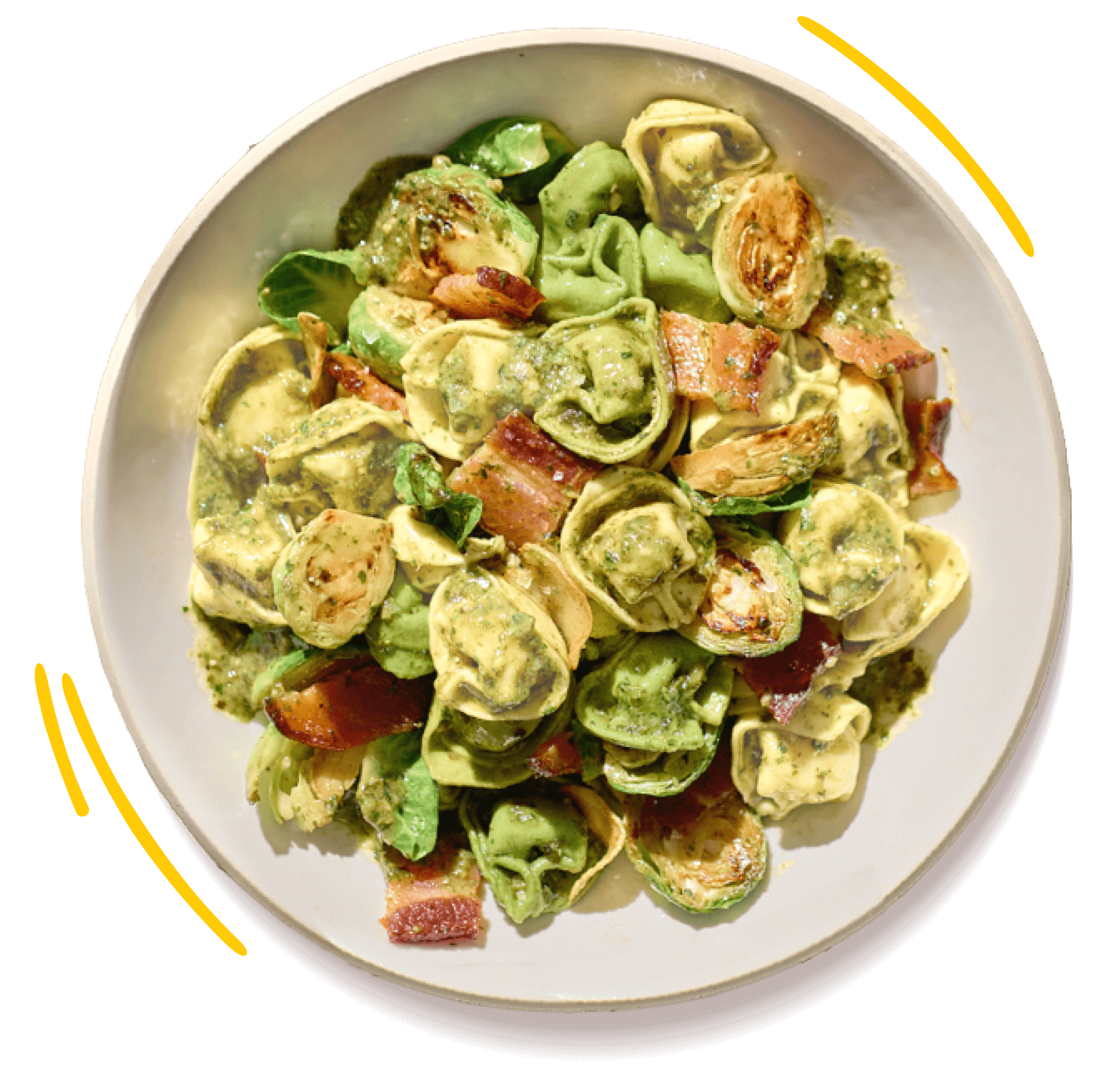 Tortellini with Roasted Brussels Sprouts, Bacon and Pesto