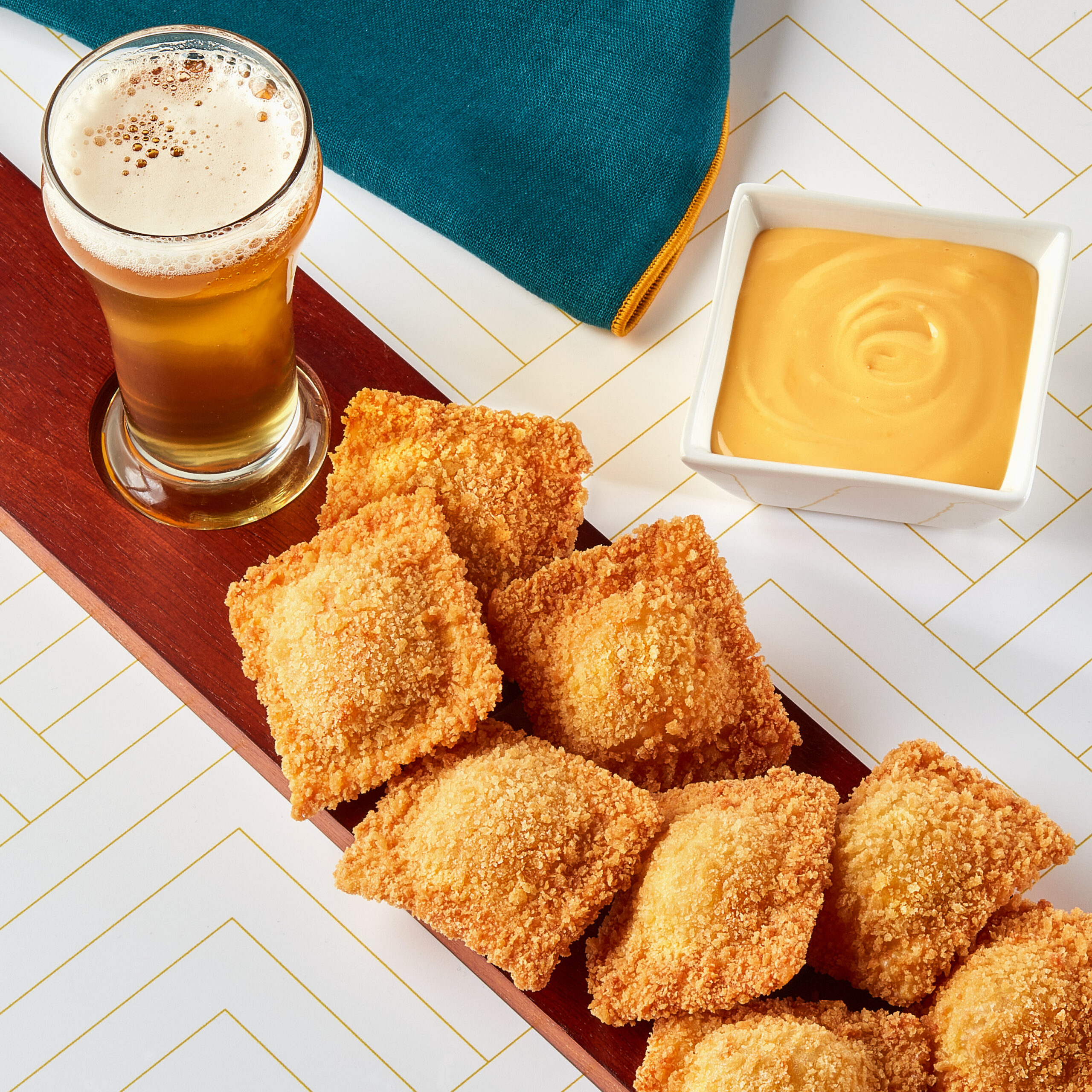 Fried Buffalo Chicken Ravioli with Beer Dipping Sauce