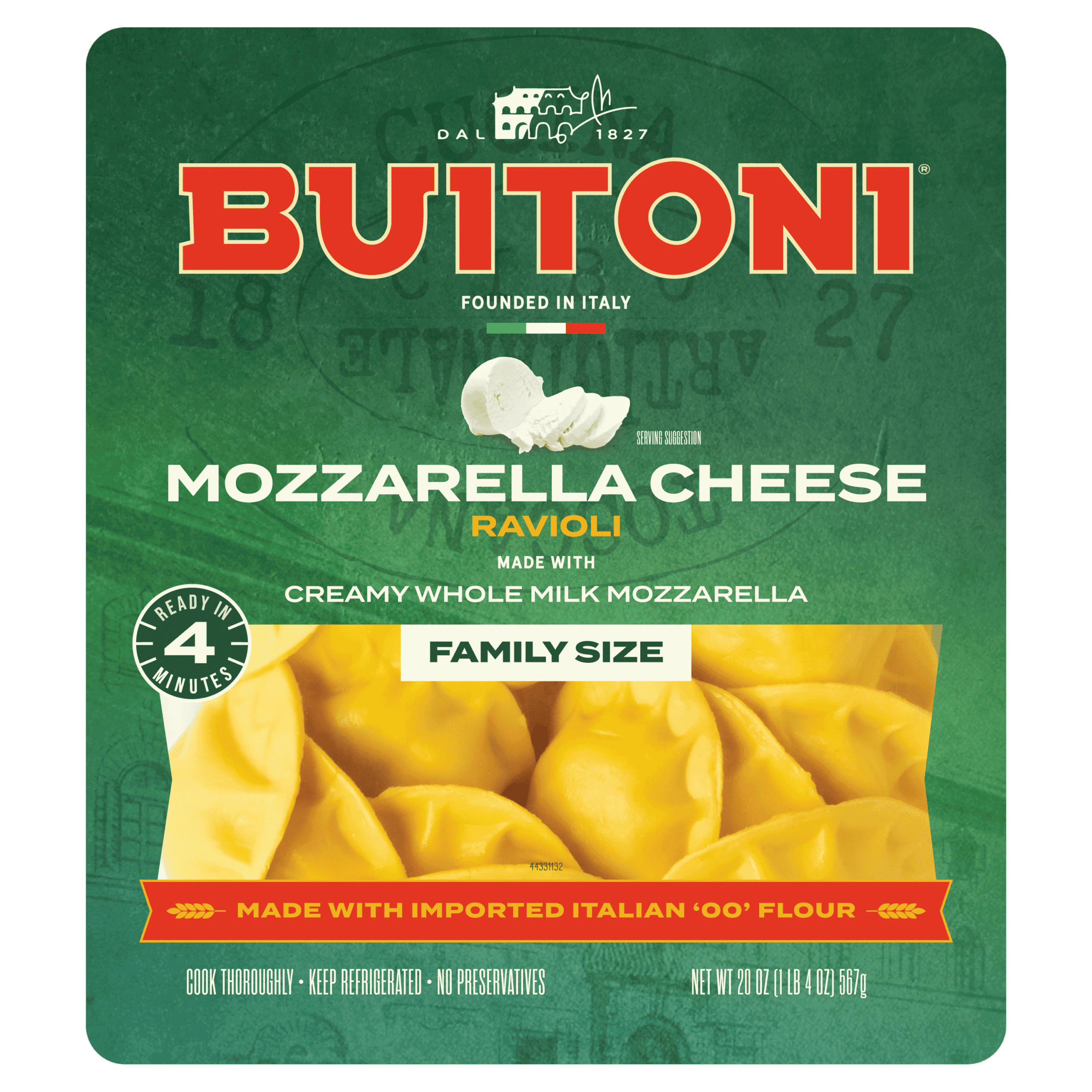 Mozzarella Cheese Ravioli – 20 oz. Family Size Packaging.