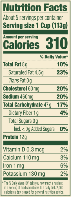 Five Cheese Tortellini – 20 oz. Family Size Nutrition Panel