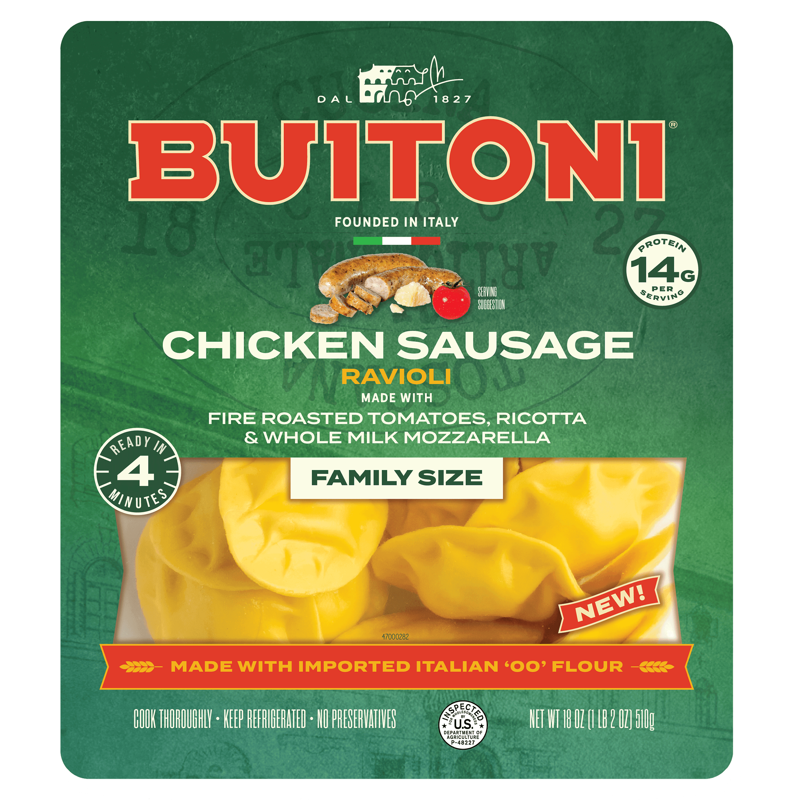 Chicken Sausage Ravioli – 20 oz Family Size Packaging.