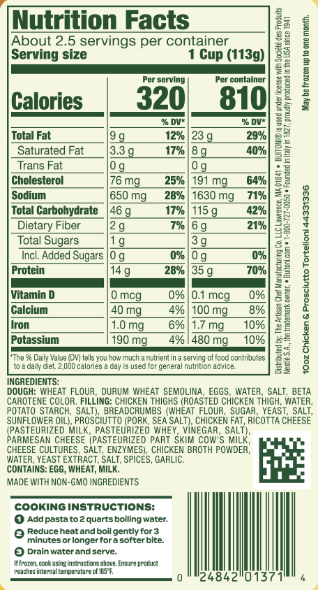 10oz Chicken & Prosciutto Tortelloni Nutrition Panel