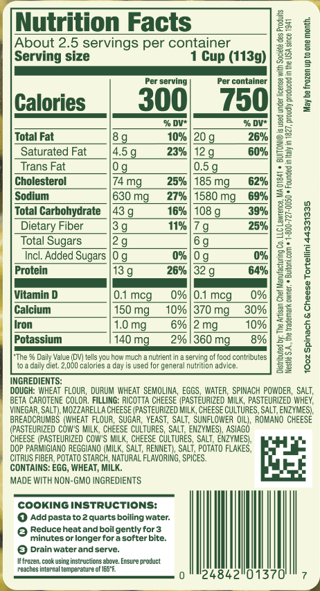 Spinach Cheese Tortellini Nutrition Panel